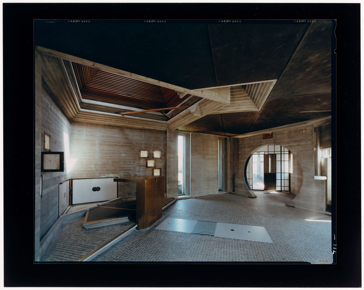 Interior view of the chapel showing the altar, corner doors and an entrance, Cimitero Brion, San Vito d'Altivole, near Asolo, Italy