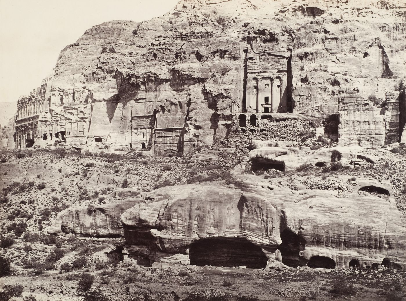 View of tombs, Wadi Musa, including a three-storey tomb, a Corinthian tomb, and a Doric tomb with urn, Petra, Jordan