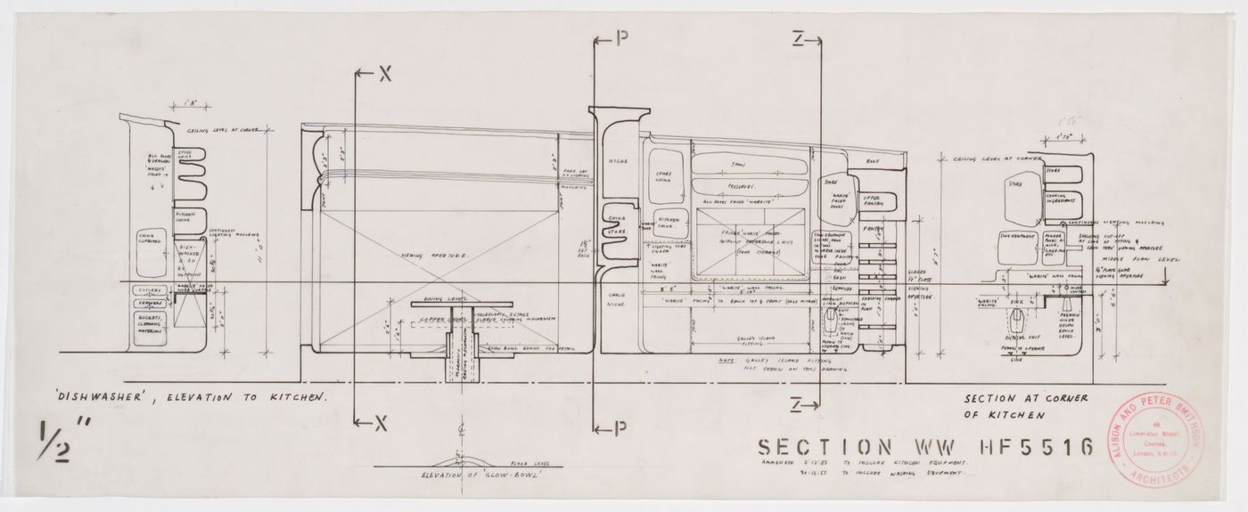 Section WW for the kitchen and elevations for the dishwasher and glow bowl, House of the Future, Daily Mail Ideal Homes Exhibition, London, England