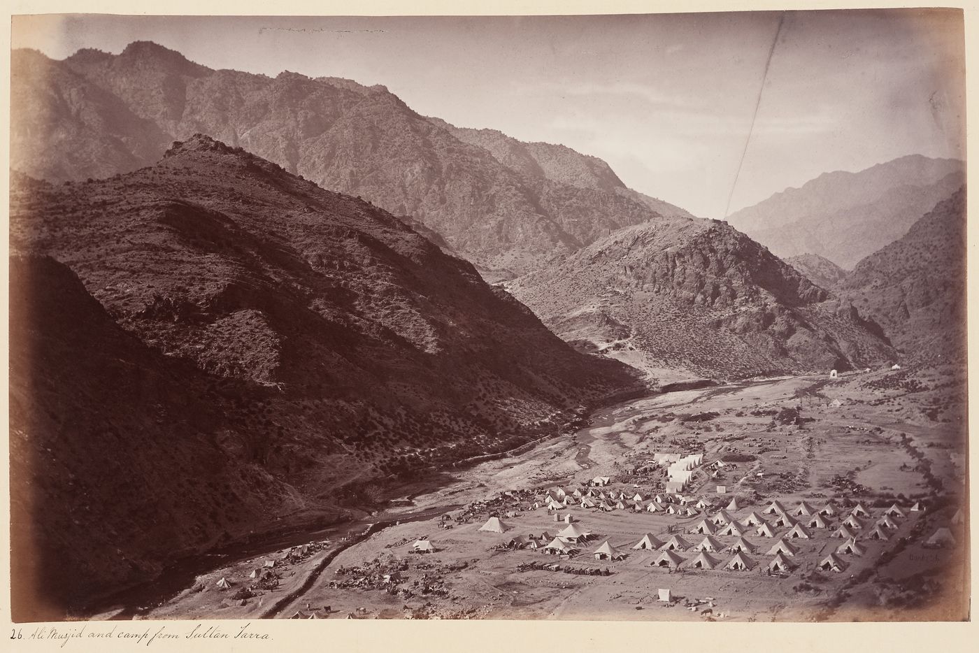 View of Fort Ali Masjid, a British military camp and mountains, Ali Masjid, from Sultan Tarra [?], Khyber Pass, India (now in Pakistan)