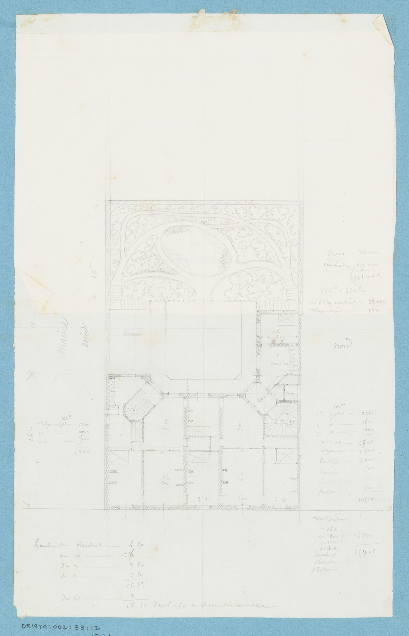 Project for a hôtel for M. Busche: Plan, probably for the first floor, showing two alternate designs for a four-storey hôtel with a garden or a central courtyard