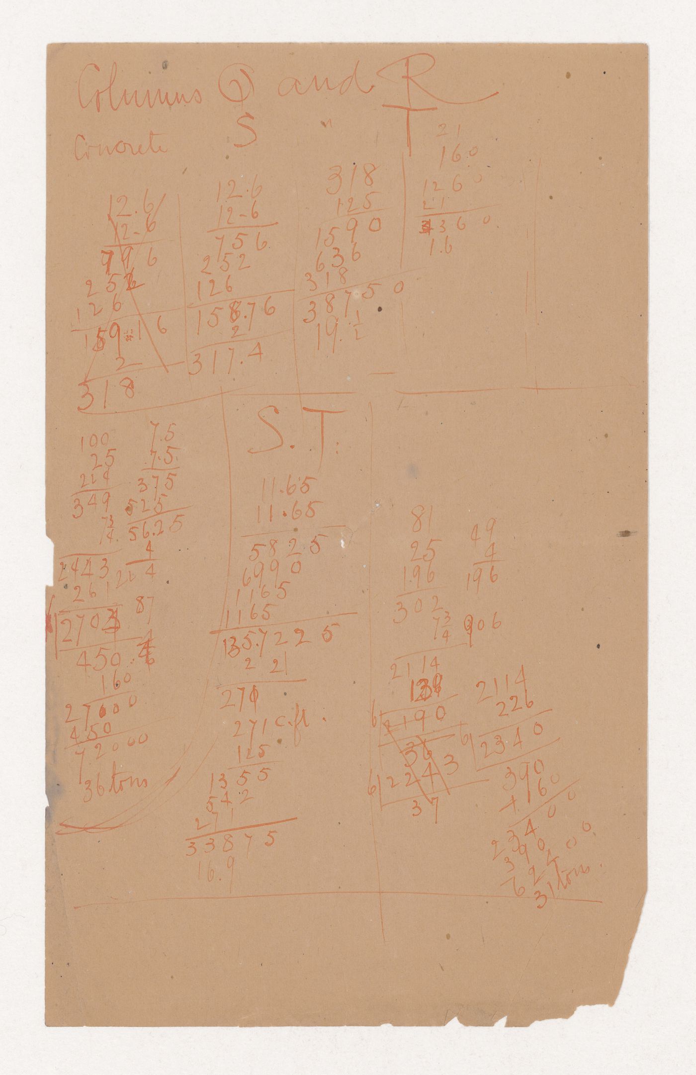 Monadnock Building, Chicago: Load calculations for concrete for columns Q, R, S and T