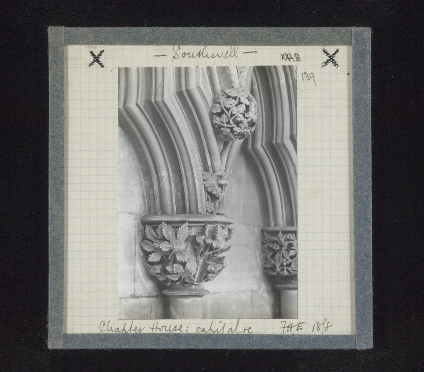 View of capital and leaf carving in Chapter House, Southwell Minster, Southwell, Nottinghamshire, England