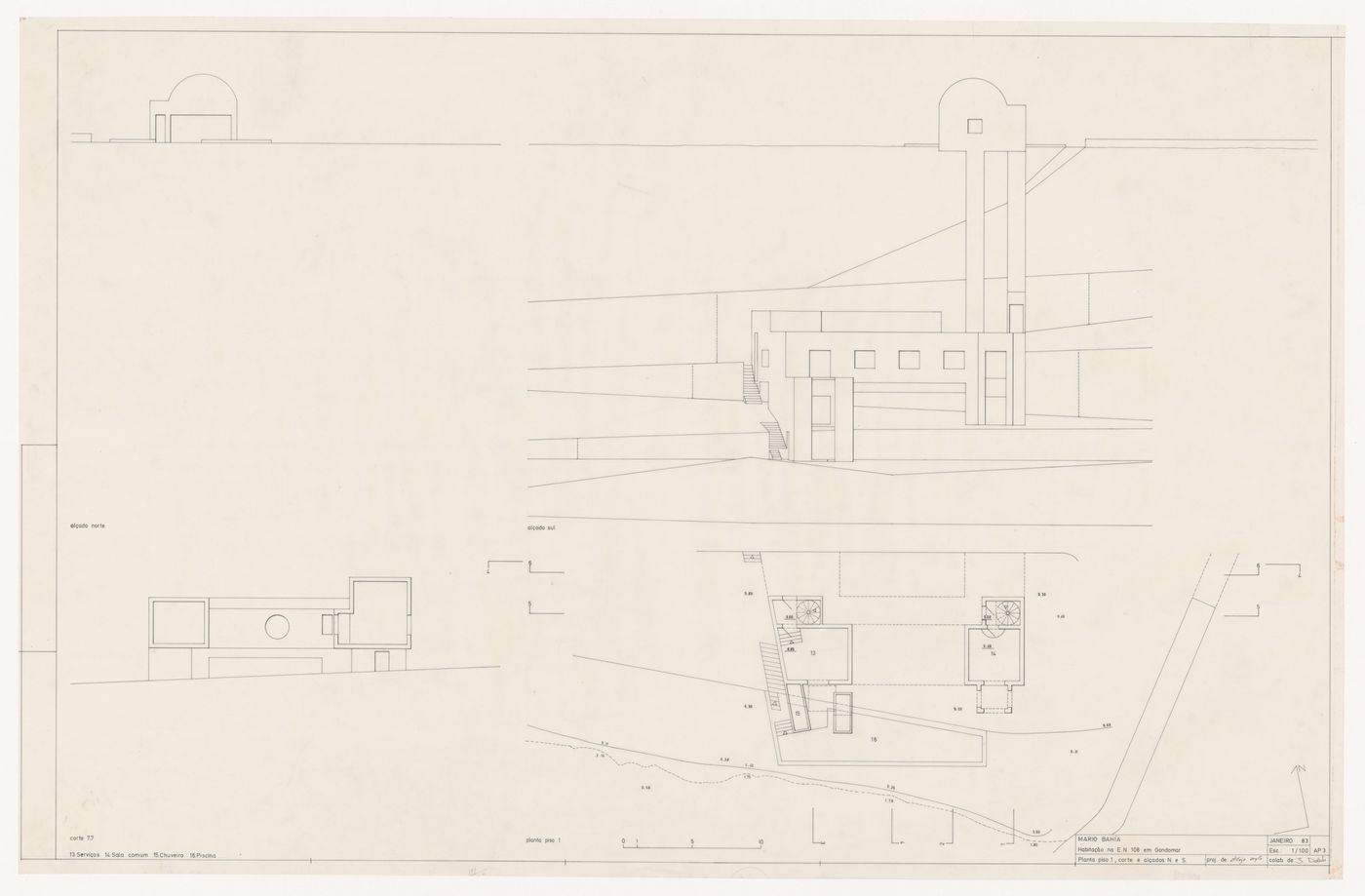 Elevations, section, and first floor plan for Casa Mário Bahia [Mário Bahia house], Gondomar, Portugal