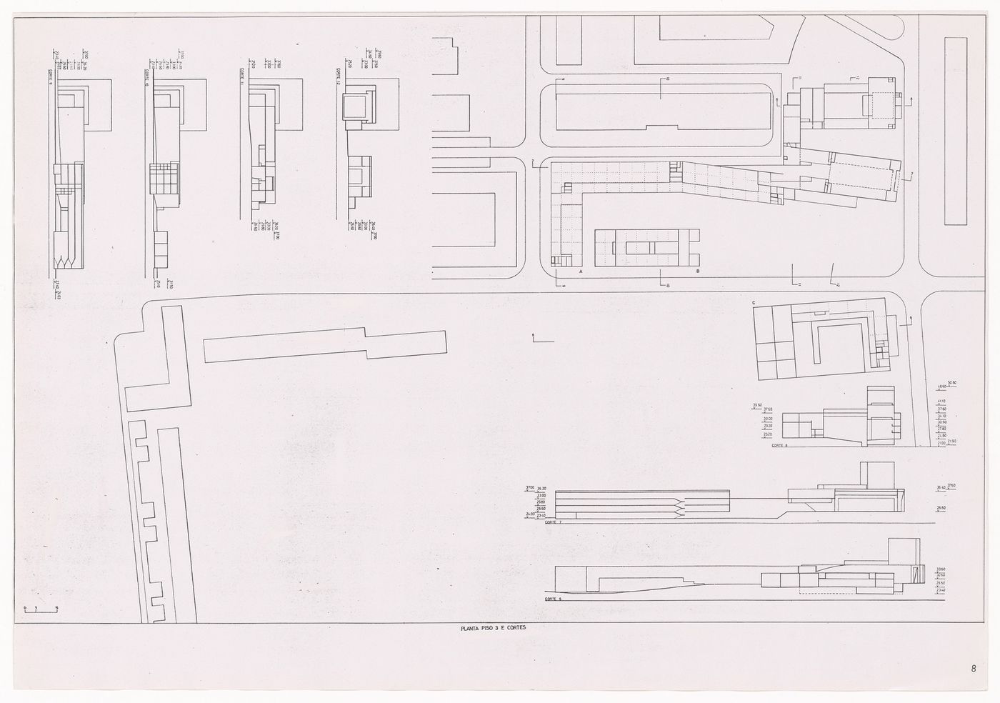 Plan and sections, study of the St-André cultural center, Centro Cultural de Sines, Sines