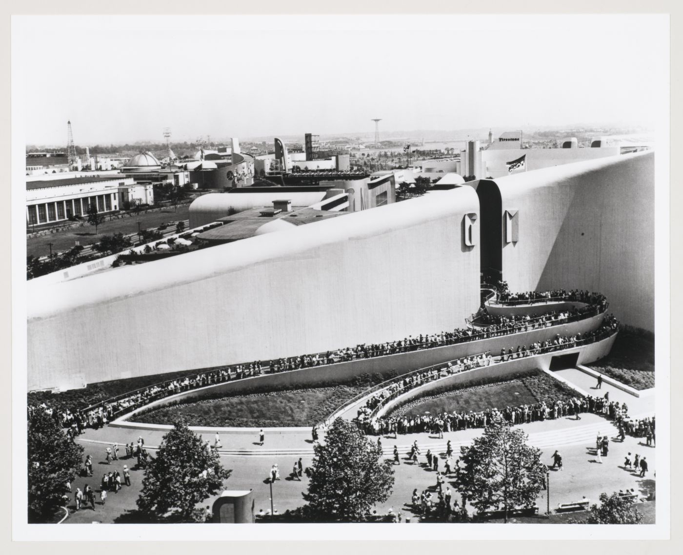 View of an entrance to the General Motors Corporation pavilion showing the entrance ramps, 1939-1940 New York World's Fair, New York City, New York