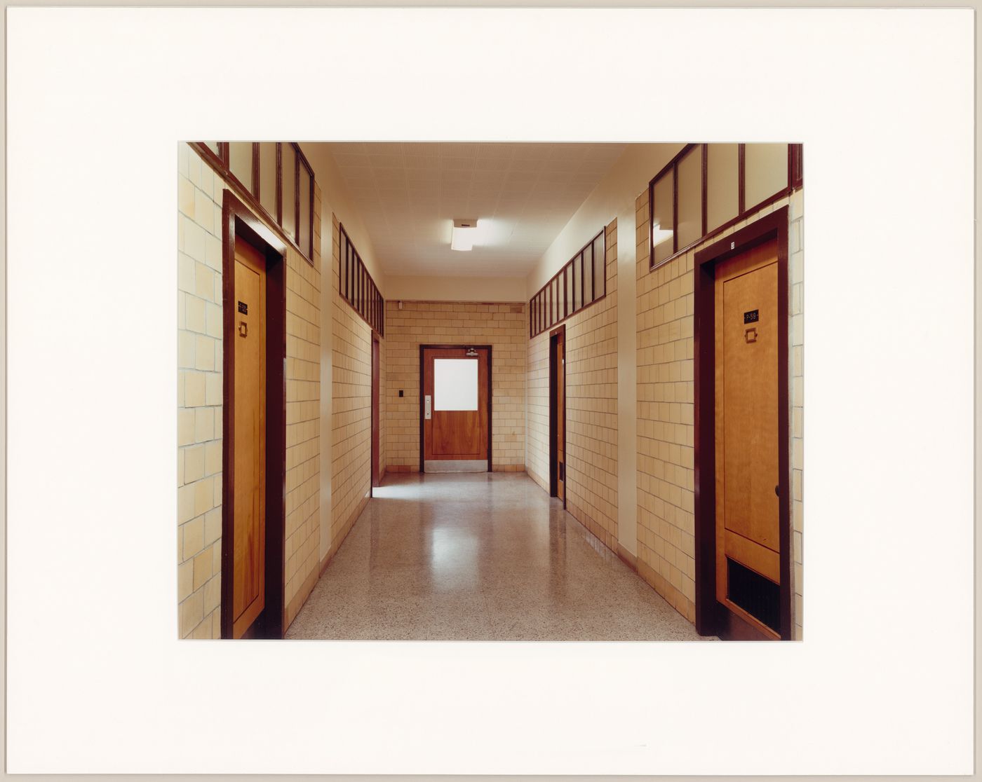 Corridor (P Level) with original glass panels, west wing, Université de Montréal, Montréal, Québec