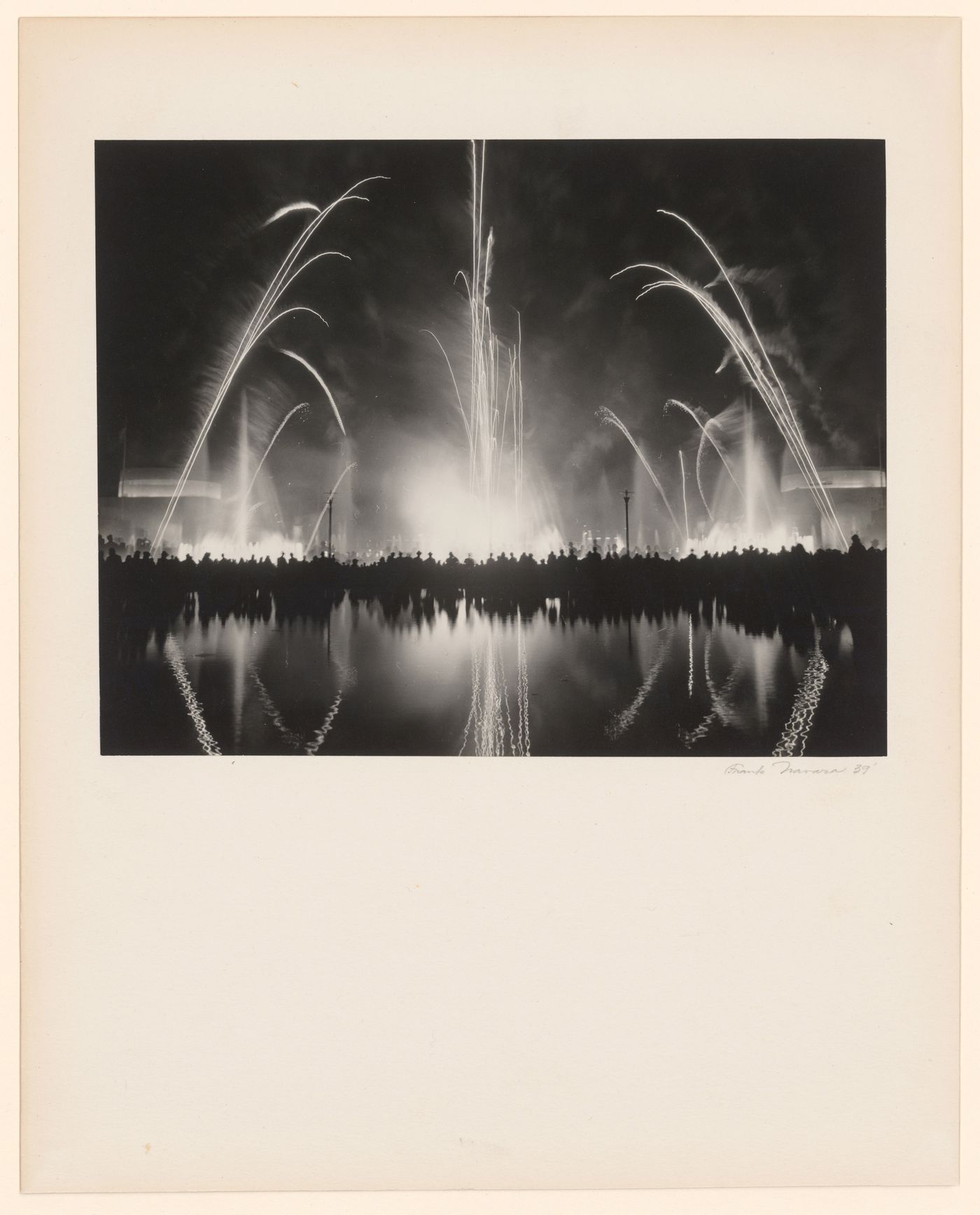 New York World's Fair (1939-1940): Fireworks over pool at night, with spectators