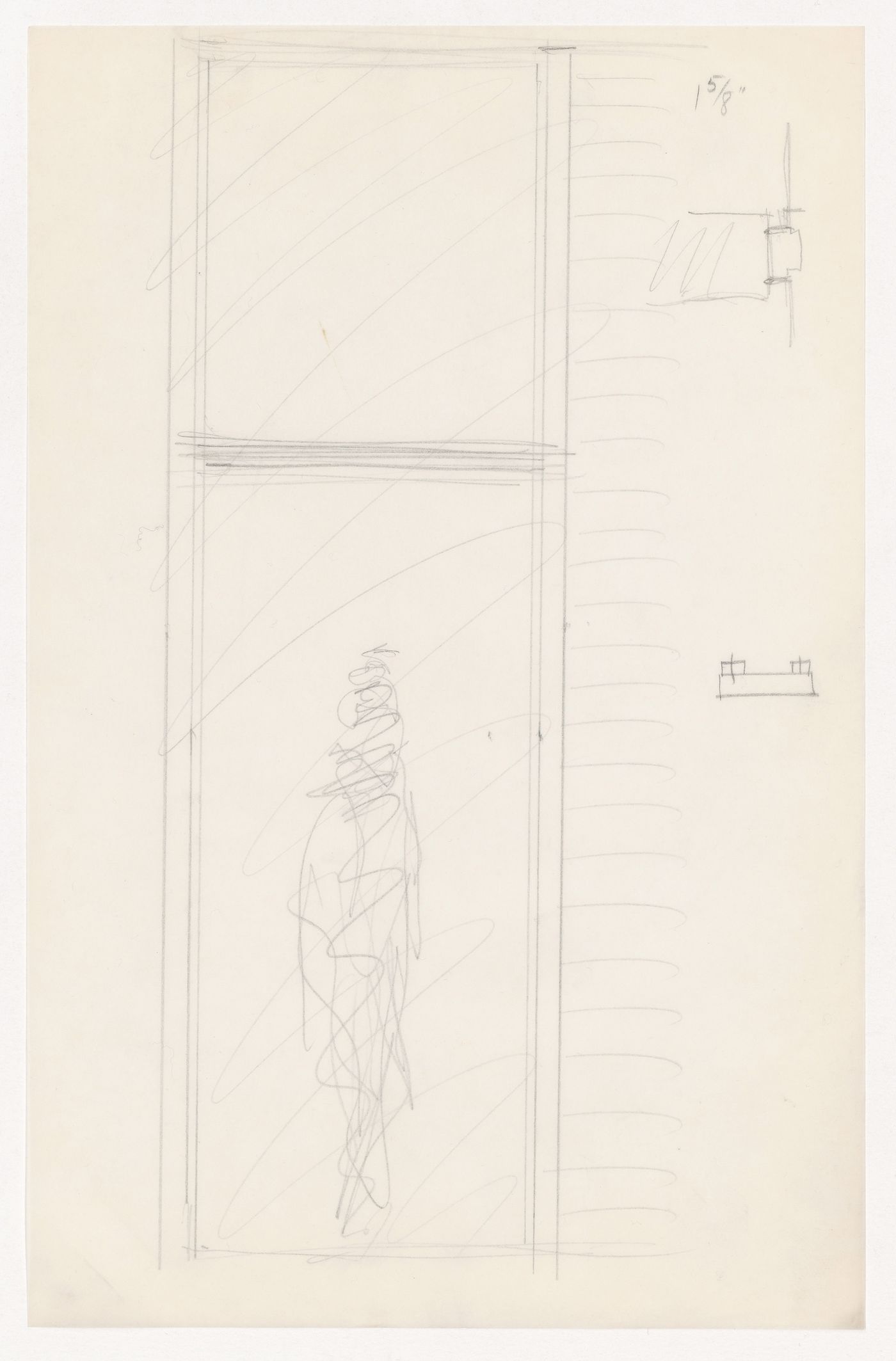 Partial sketch elevation showing window glazing for the Metallurgy Building, Illinois Institute of Technology, Chicago, with a sketch sectional detail and an unidentified sketch