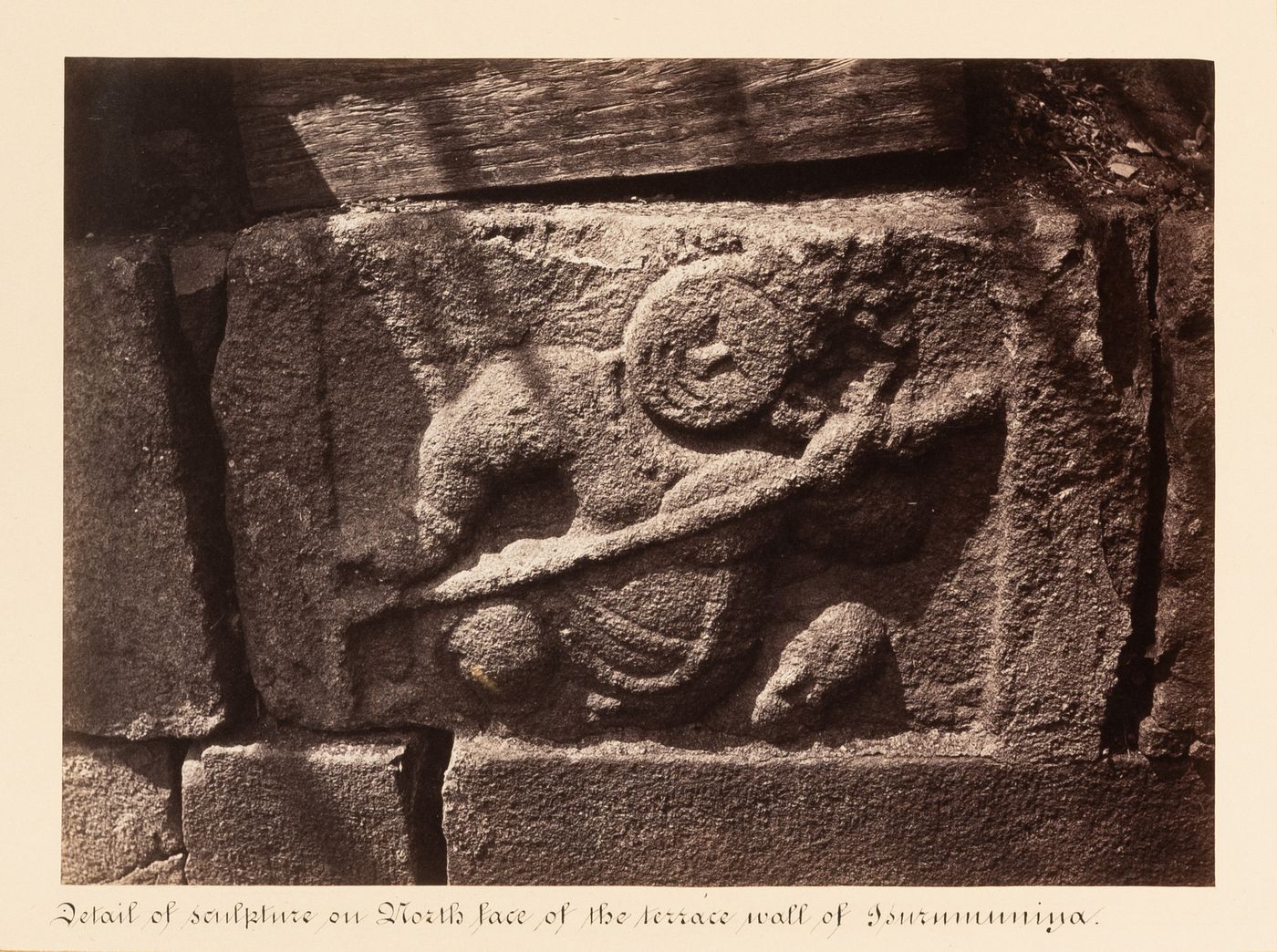 Close-up view of a relief on the north façade of the terrace wall, Isurumuniya Temple, Anuradhapura, Ceylon (now Sri Lanka)