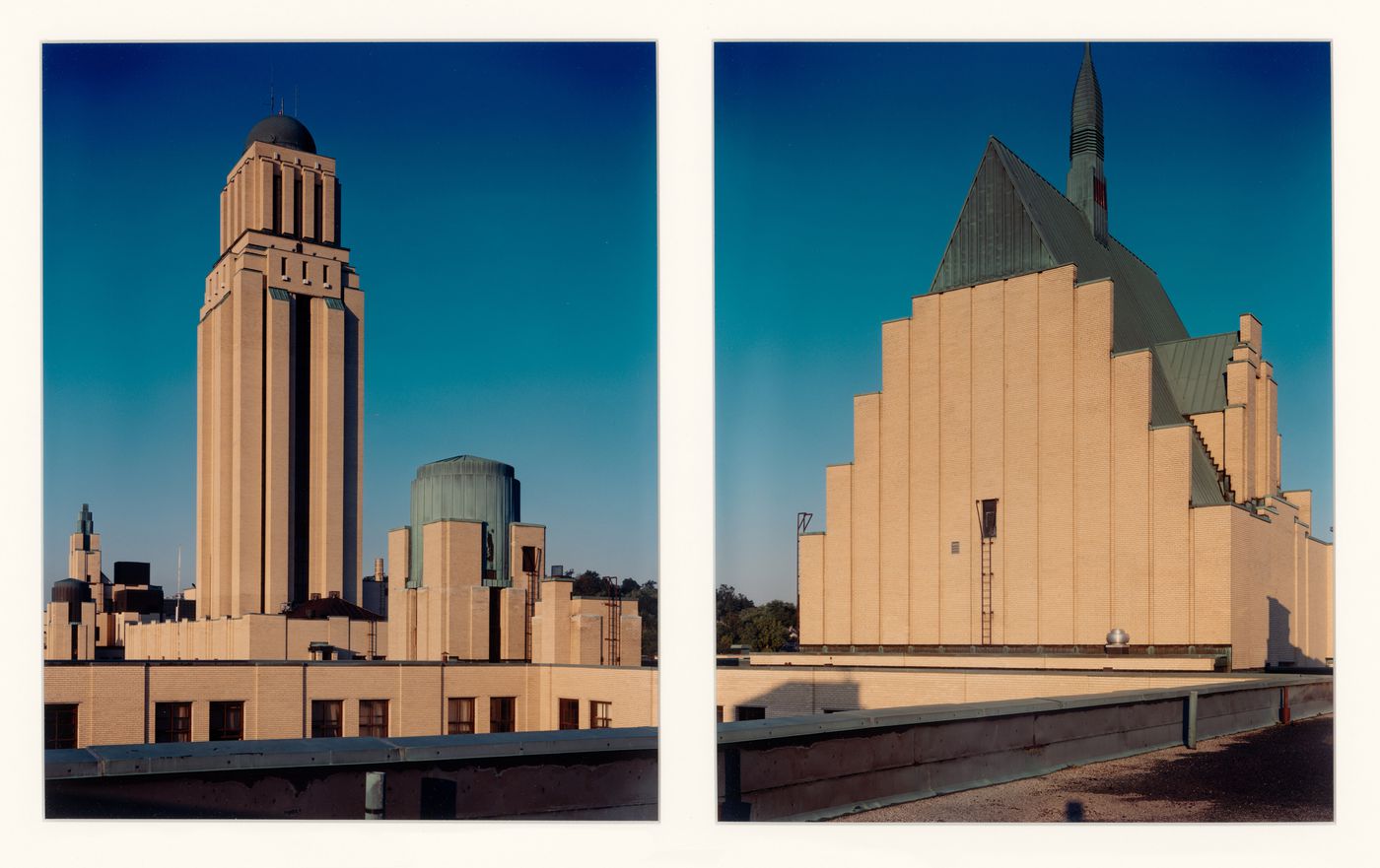 The main pavilion, showing (from left to right), the crowning of the amphitheatre, the tower, and the crowning of the chapel, Université de Montréal, Montréal, Québec