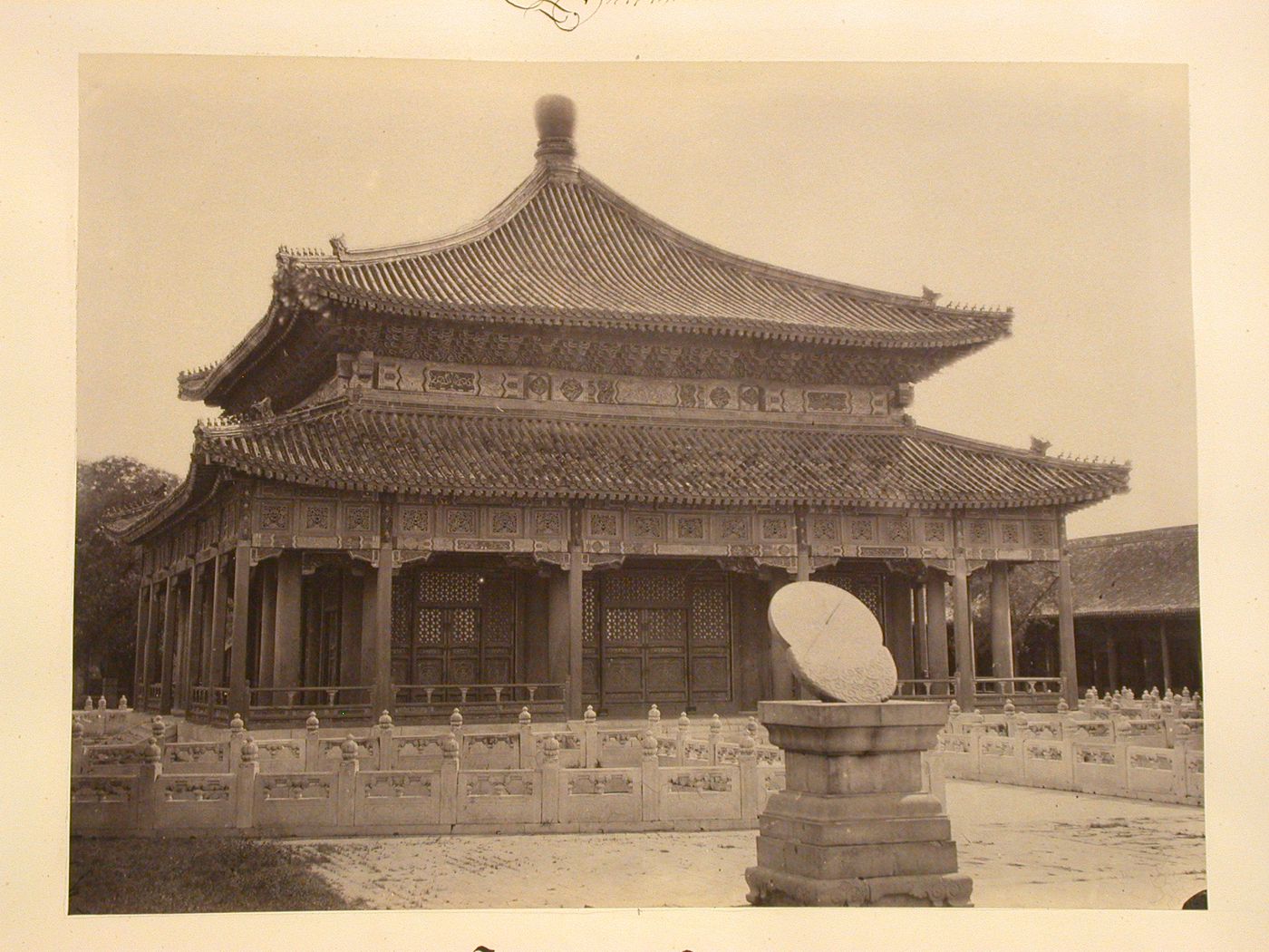 View of the Hall of Classics [Biyong Gong] with a sundial ? in the foreground, Imperial College [Guozi Jian], Peking (now Beijing), China