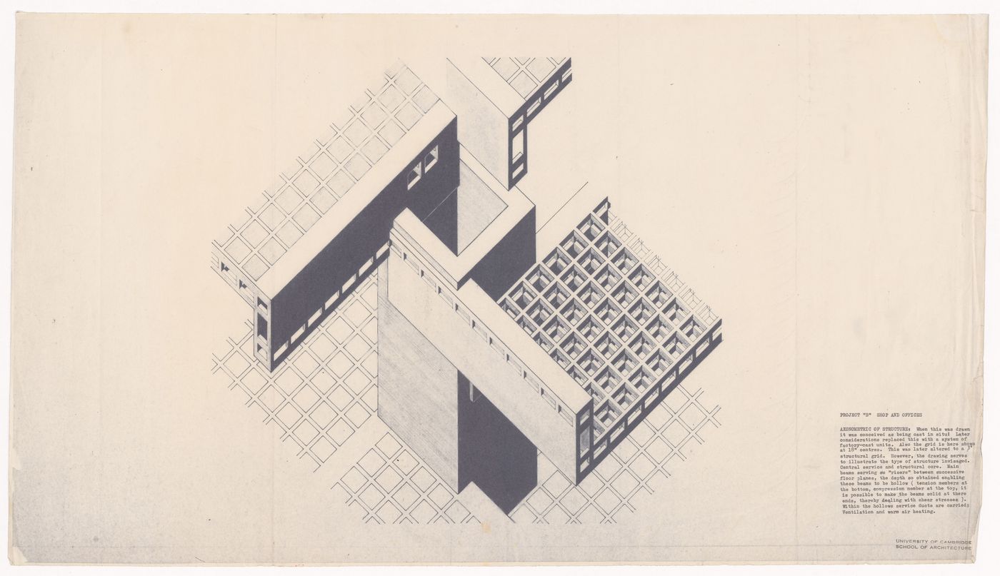 Shops and offices axonometric for the Shape of Cambridge: A Plan, Cambridge University, England