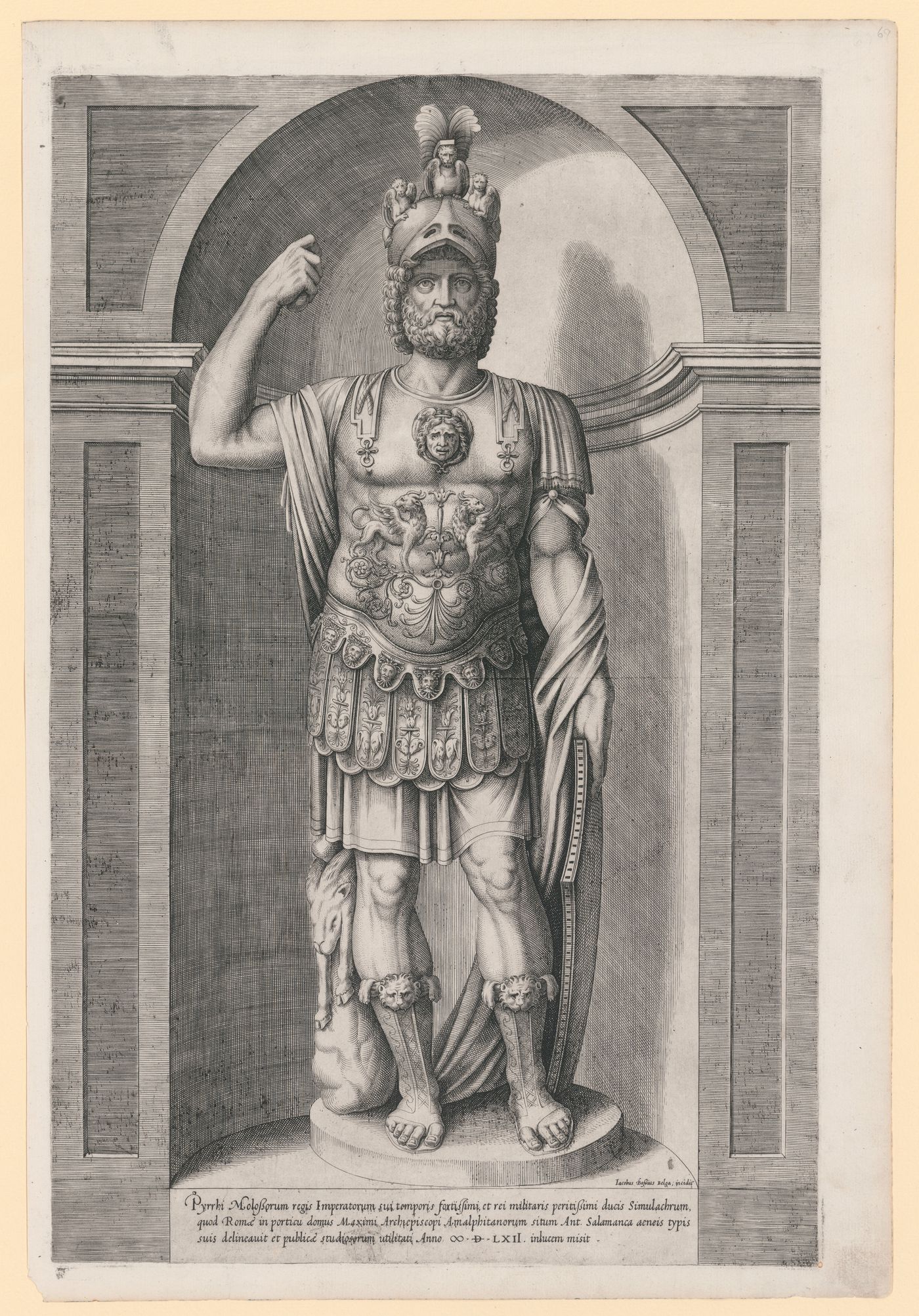 Perspective of a statue of Mars, also known as King Pyrrhus, in a niche