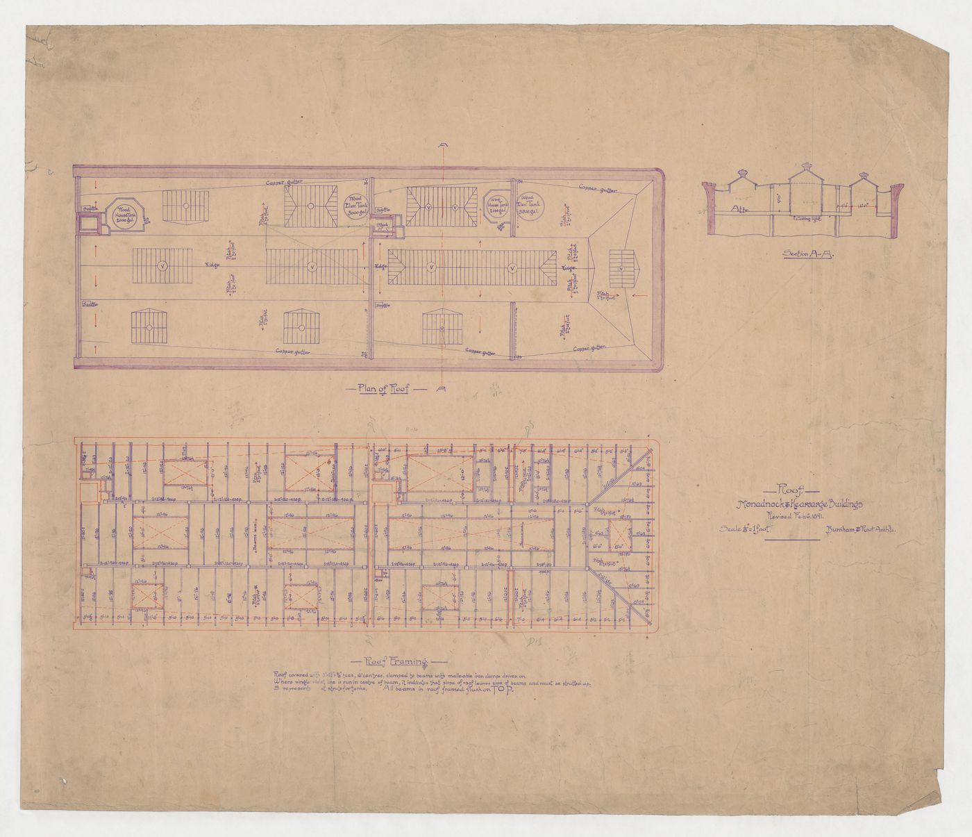 Monadnock and Kearsarge Buildings, Chicago: Plan, section and framing plan for the roof