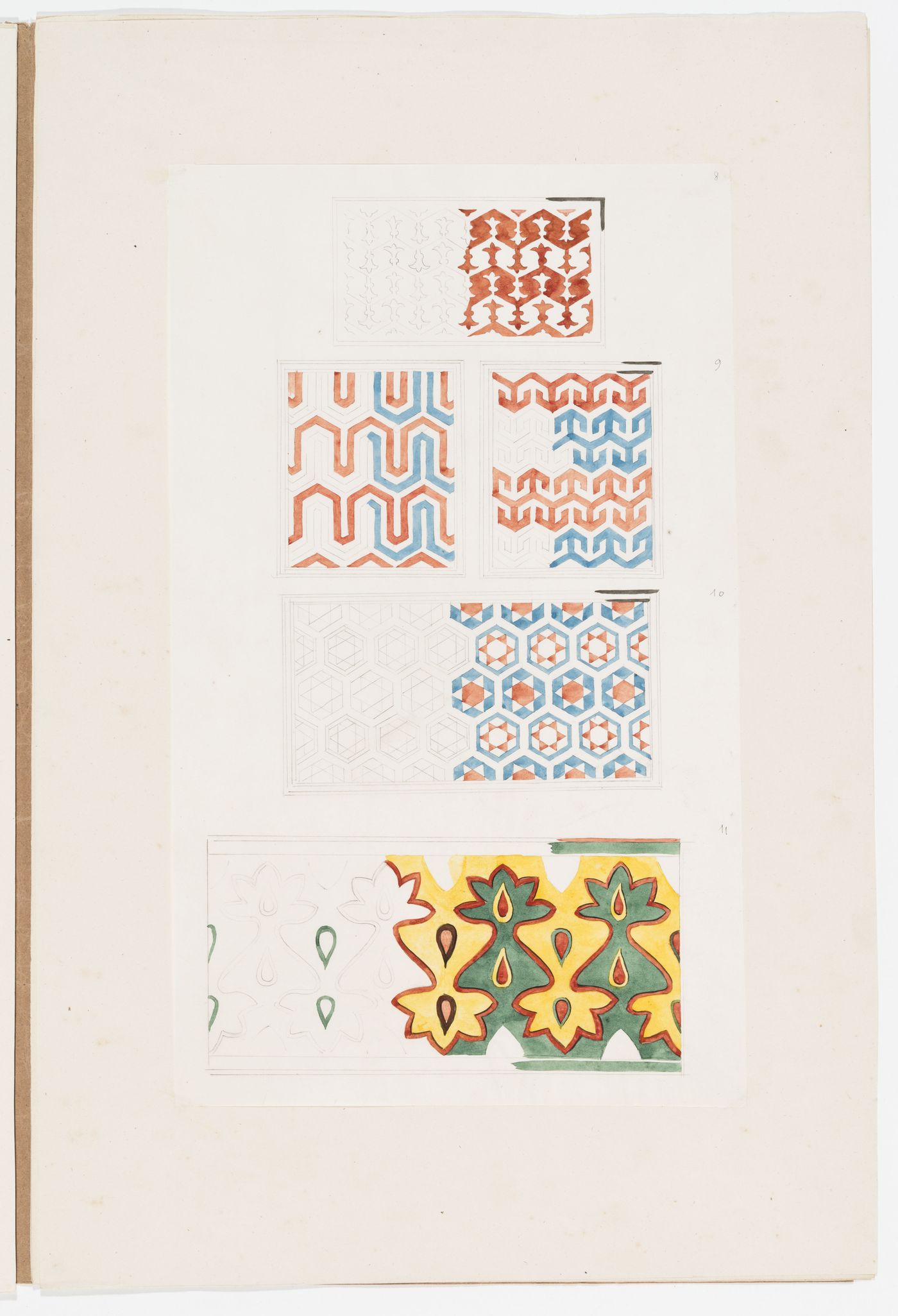 Ornament drawing of four panels decorated with interlocking geometric patterns and foliage, and a band of running foliated ornament