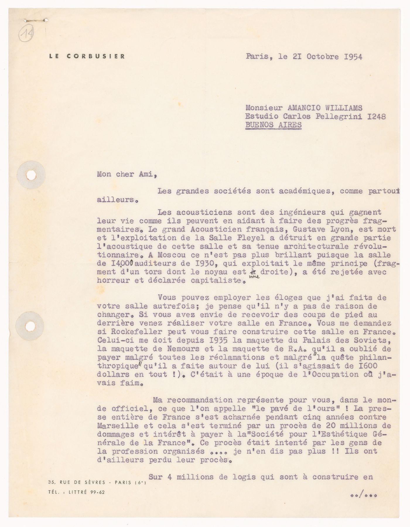 Correspondence, letter to Amancio Williams from Le Corbusier