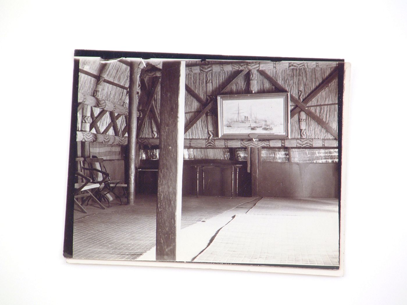 Interior view of a probably Lozi assembly hall with painting of ships, near Zambezi River, in Zambia or Zimbabwe