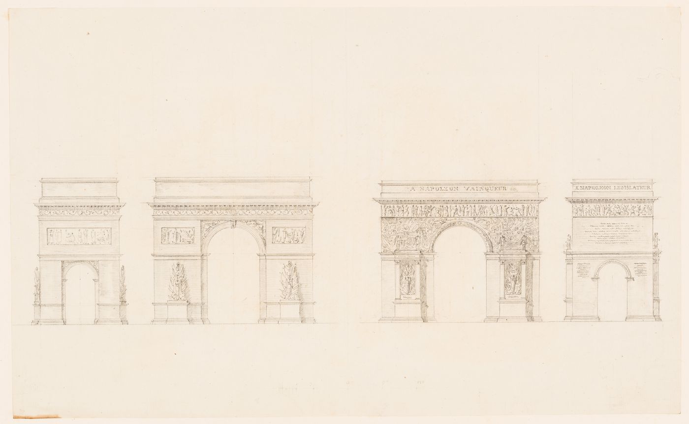1801 Grand Prix Competition: Elevation for a triumphal arch entrance for a forum or public square dedicated to peace; verso: Elevations of triumphal arches, probably studies for the 1801 Grand Prix Competition