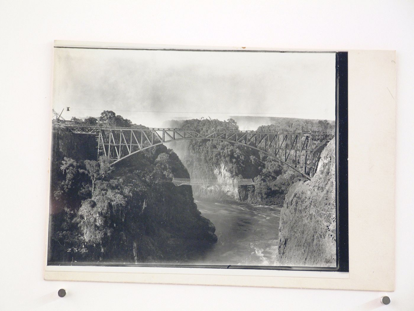 Landscape view of reconstruction of Victoria Falls Bridge and the Zambezi River, crossing the border between Victoria Falls, Zimbabwe and Livingstone, Zambia