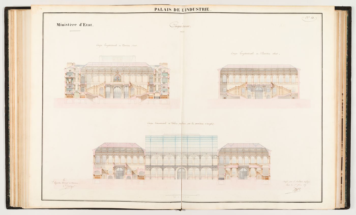 Elevations and Sections of the Interior, from the album Palais de l'Industrie: Atlas du Bâtiment
