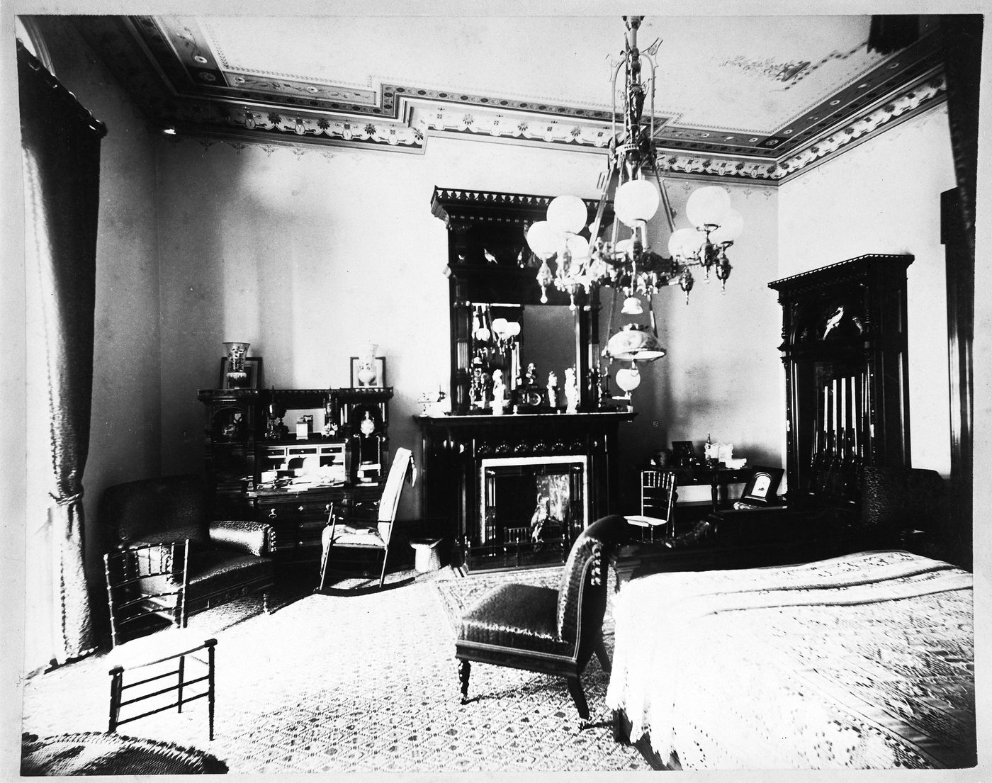 Interior showing fireplace and chairs, Linden Towers, James Clair Flood Estate, Atherton, California