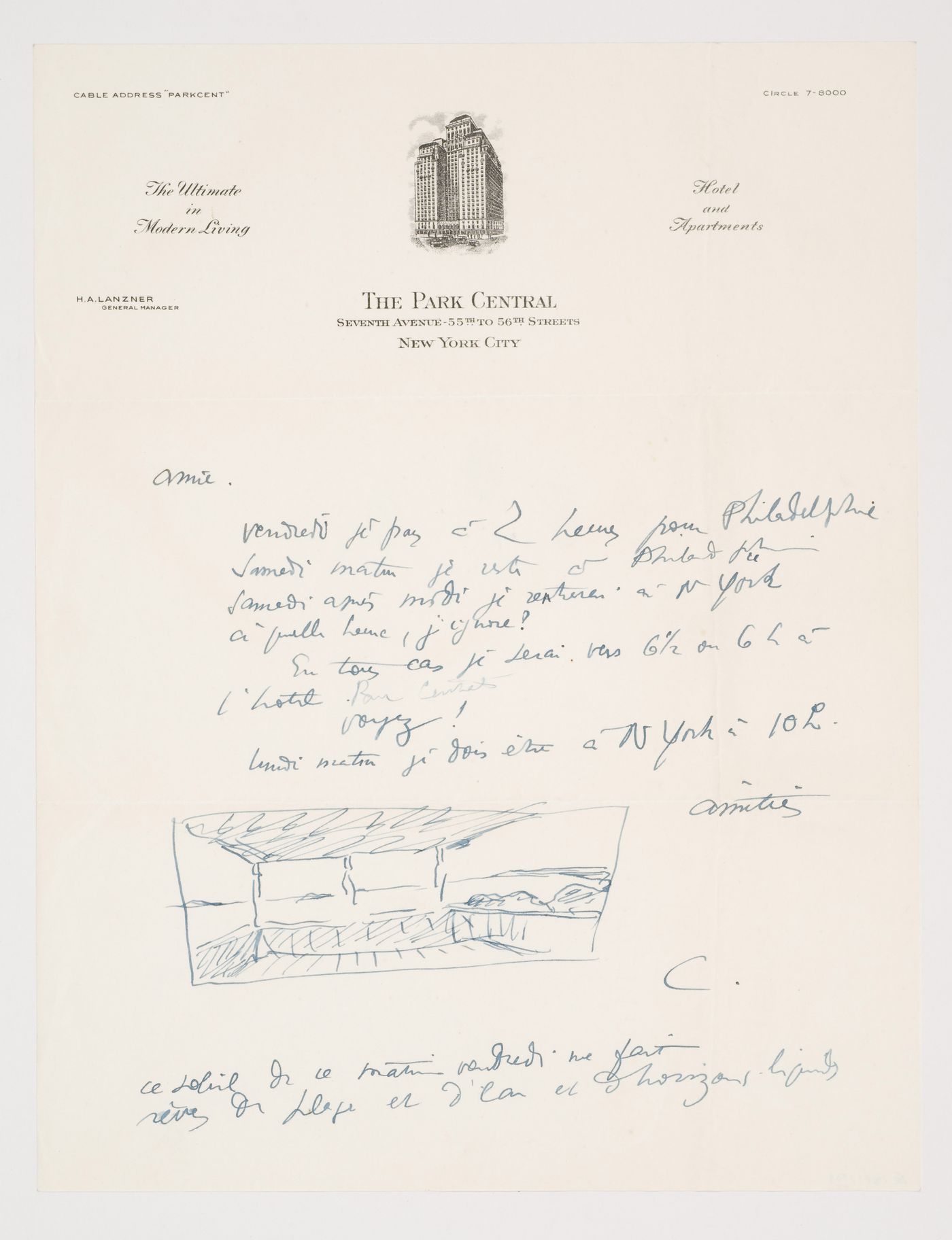 Letter from Le Corbusier to Marguerite Tjader Harris with a drawing of Long Island Sound from the porch of "la baraque", Pratt's Island, United States