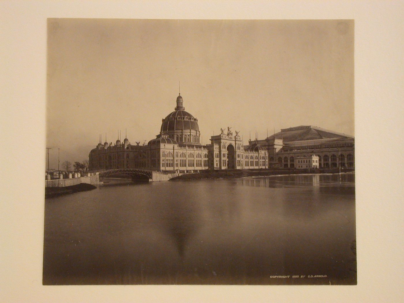 View of the north and west façades of the Government Building from the Wooded Island with the Fire and Guardhouse on the right and the Manufactures and Liberal Arts Building in the background, 1893 Chicago World's Columbian Exhibition, Chicago, Illinois