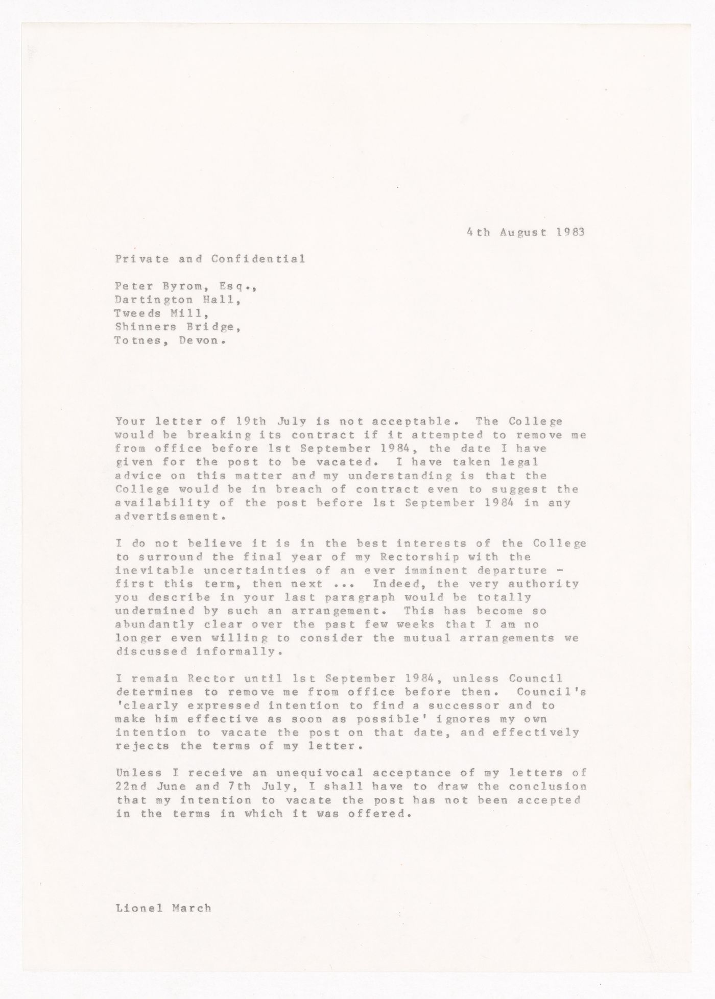 Correspondence from Lionel March to Peter Byrom regarding resignation from Royal College of Art, London