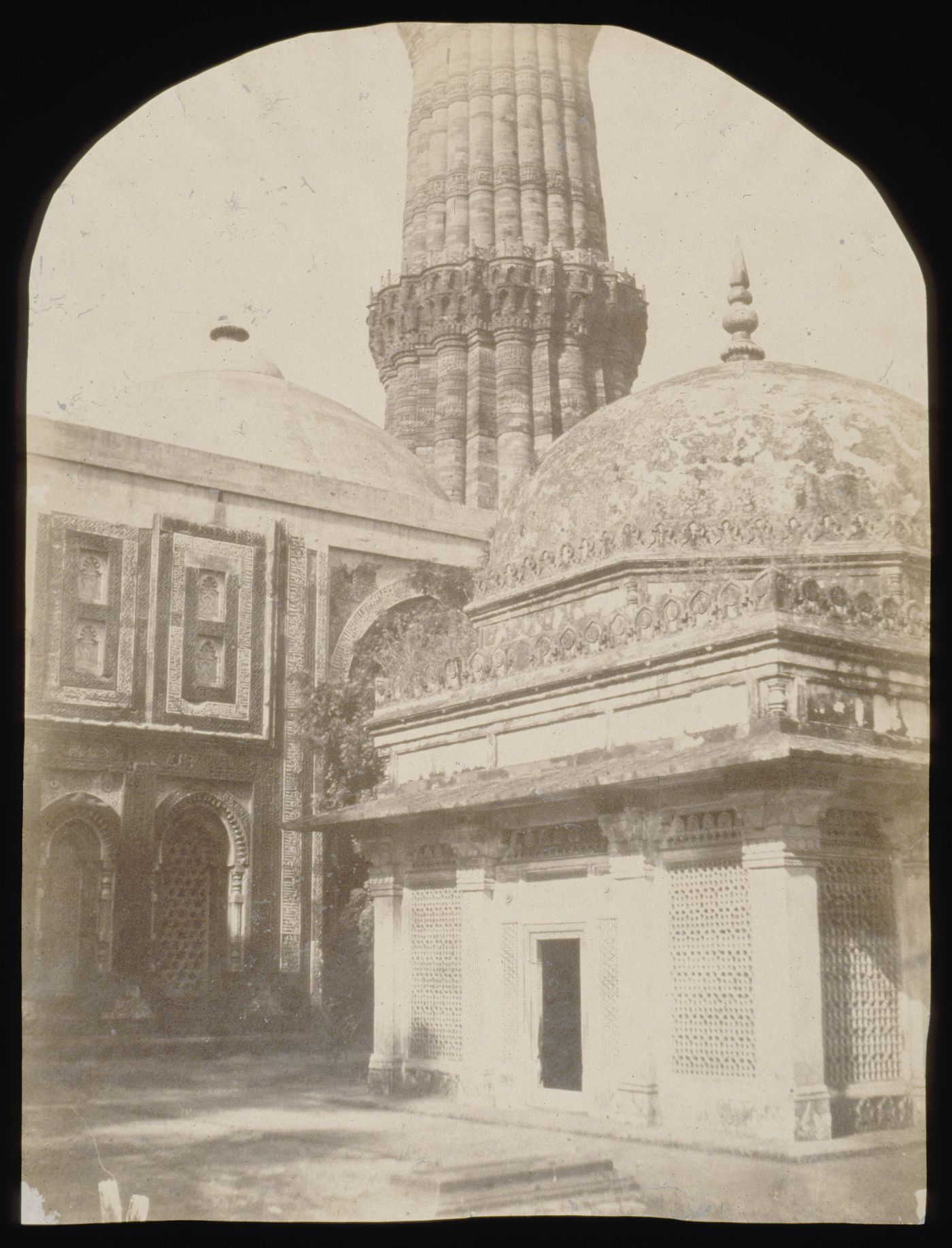 View of Iman Zamin's Tomb with the 'Ala'i Darvaza [Lofty Gate] and the Qutb Minar in the background, Quwwat al-Islam [Might of Islam] Mosque Complex, Delhi, India