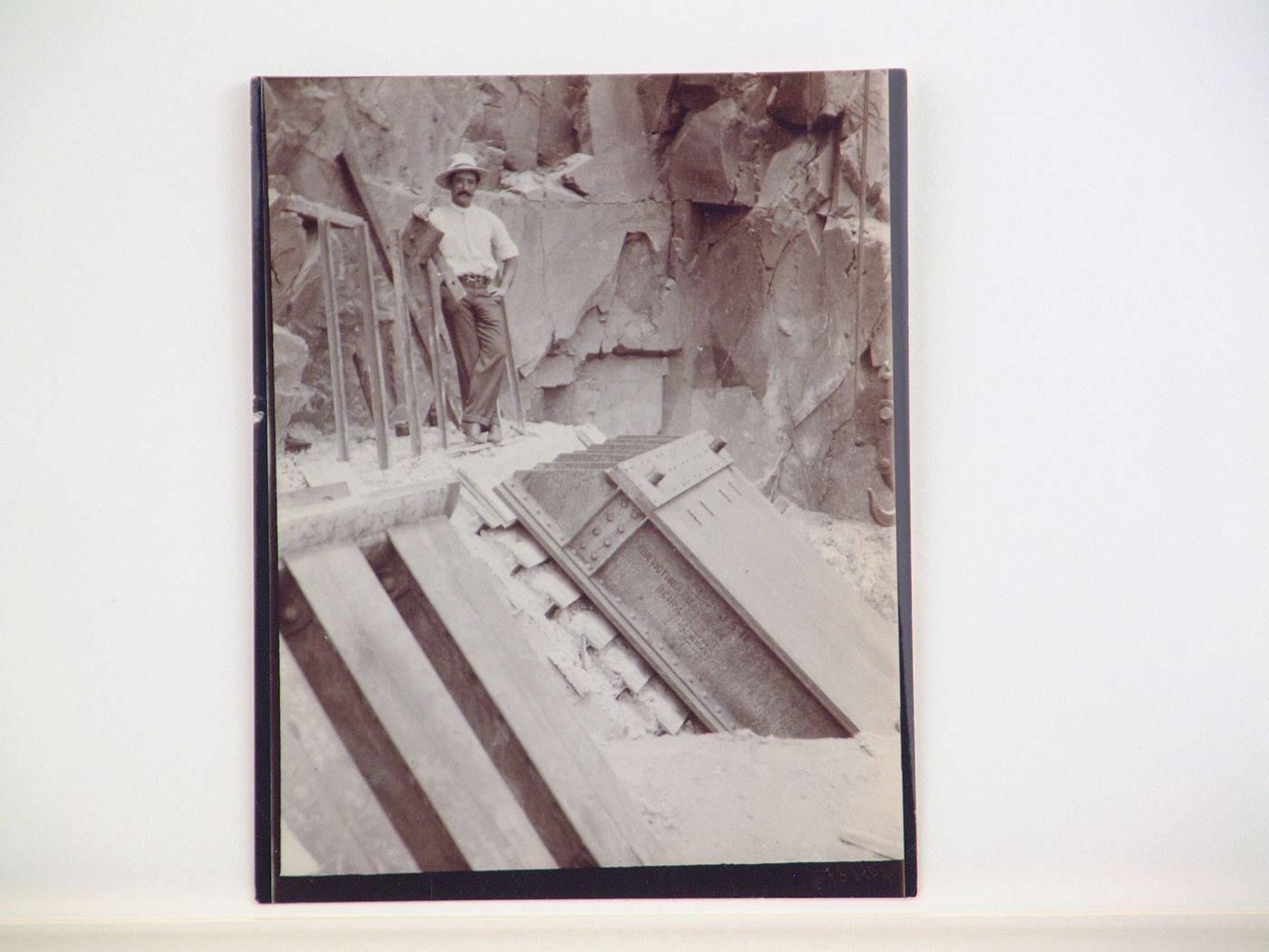 View of man standing beside steel beams used for construction of Victoria Falls Bridge, Zambezi River, crossing the border between Victoria Falls, Zimbabwe and Livingstone, Zambia