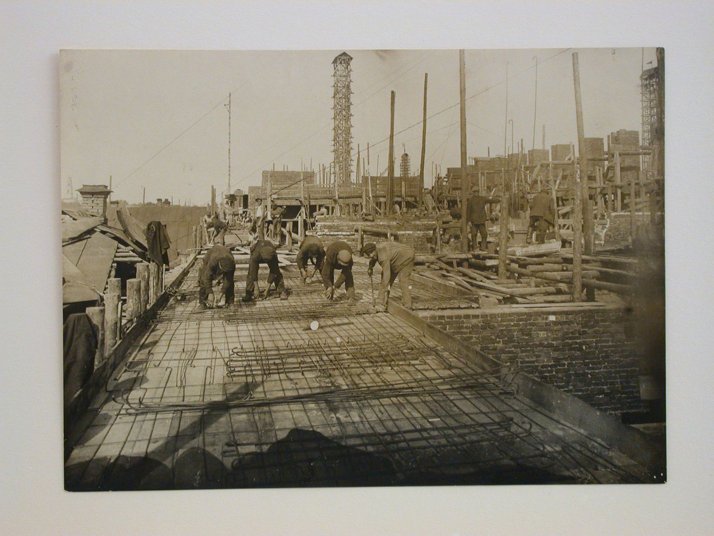 View of the Building of Industry construction site showing the installation of metal rod reinforcement, Sverdlovsk, Soviet Union (now Ekaterinburg, Russia)