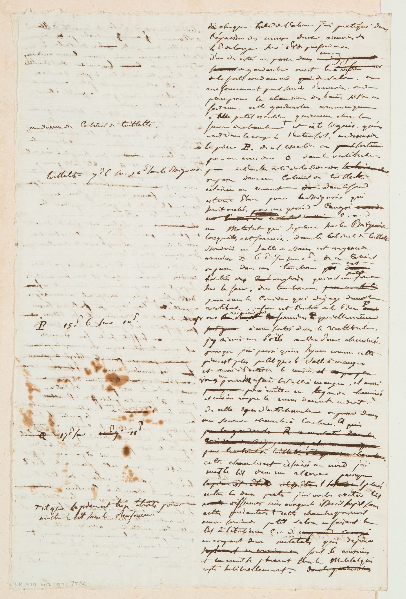 Project for a château for M. de Lorgeril, Motte Beaumanoir: Notes, mostly illegible