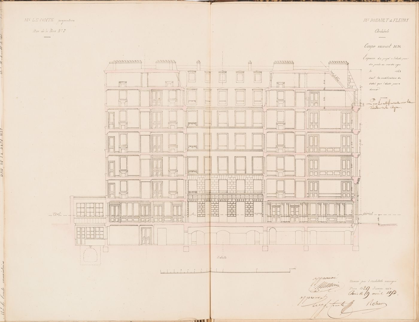 Contract drawing for the Hôtel du Timbre for Monsieur Le Comte, 7 rue de la Paix, Paris: Longitudinal section