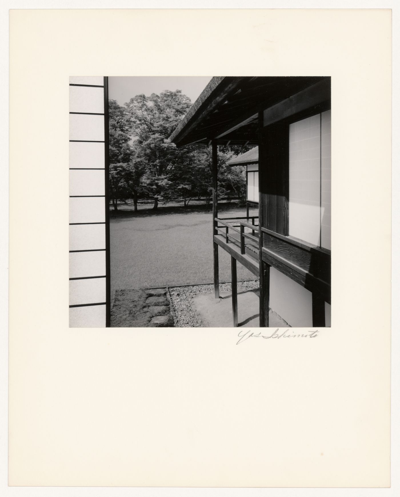 Partial view of the Music Room and its veranda with the New Palace (also known as the New Goten) and the south lawn (also known as the court football [kemari] field) in the background, Katsura Rikyu (also known as Katsura Imperial Villa), Kyoto, Japan