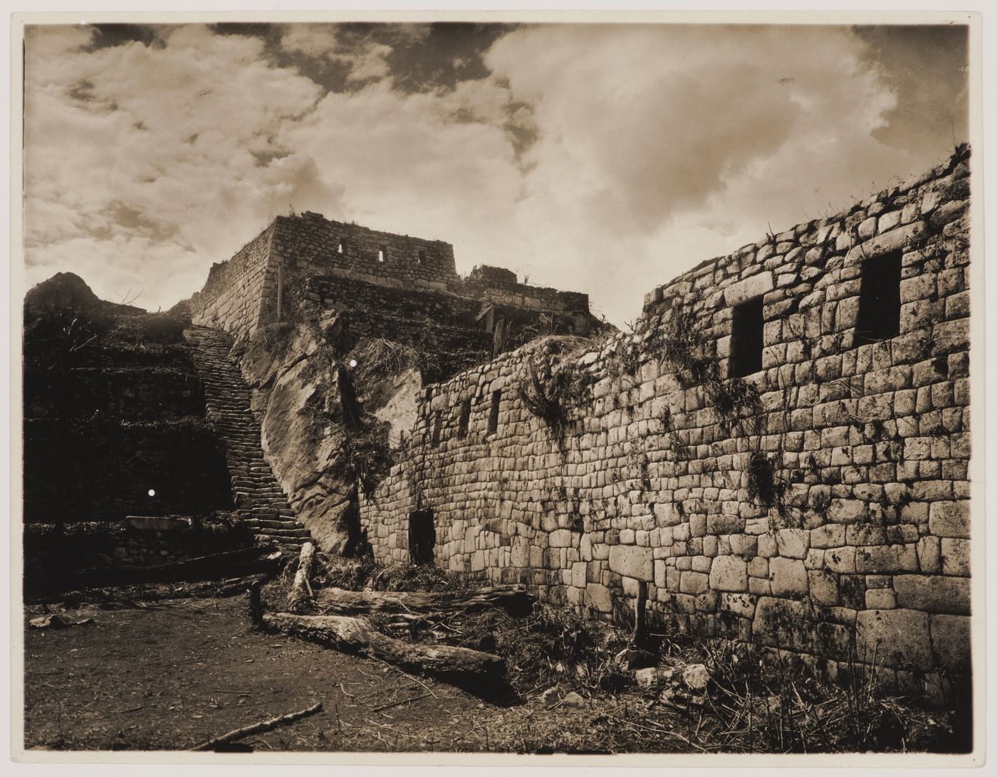 View of a wall, staircase and an unidentified building, Industrial Sector, Machu Picchu, Peru
