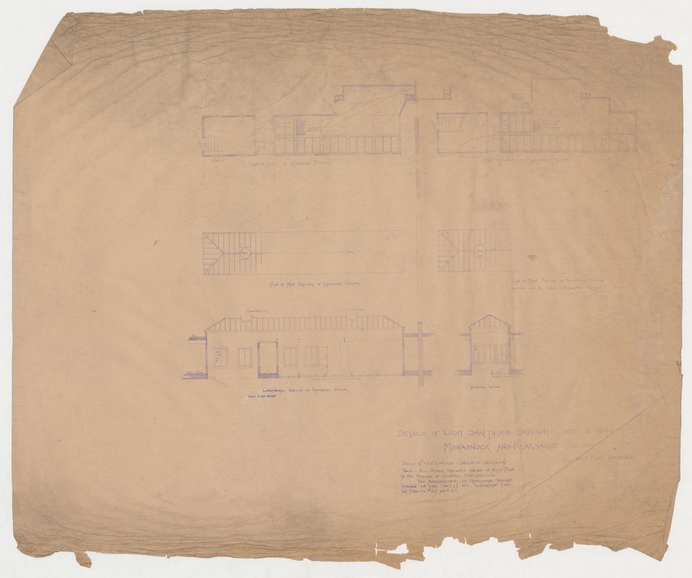 Monadnock and Kearsarge Buildings, Chicago: Plans and sections for light shafts and skylights over corridors