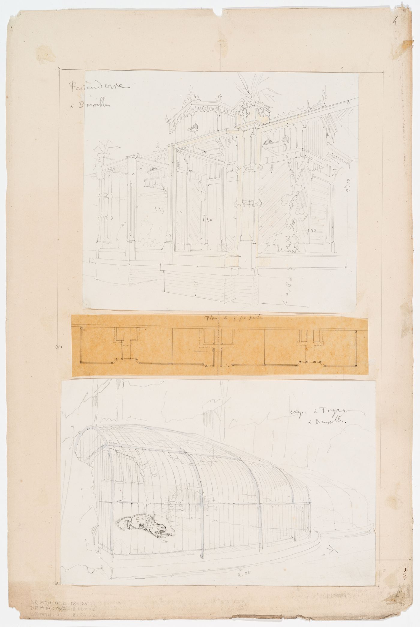 Zoological garden, Brussels: Sketch perspective and plan of an aviary and a sketch of the tiger cage