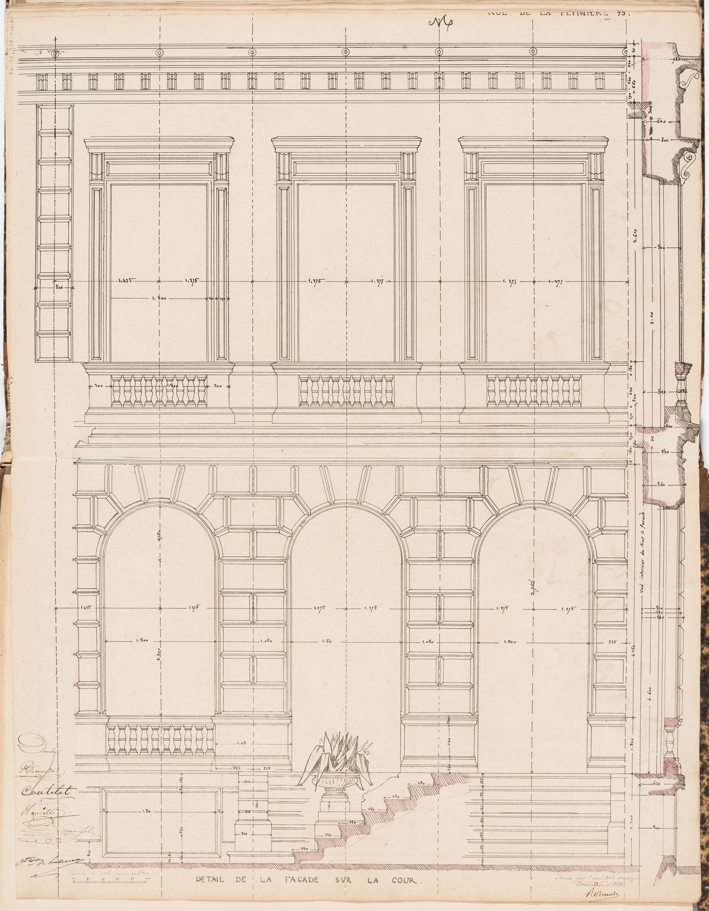 Contract drawing for a house for Madame la comtesse de Lubersac, 95 rue de la Pépinière, Paris: Partial elevation of the courtyard façade, including a partial section