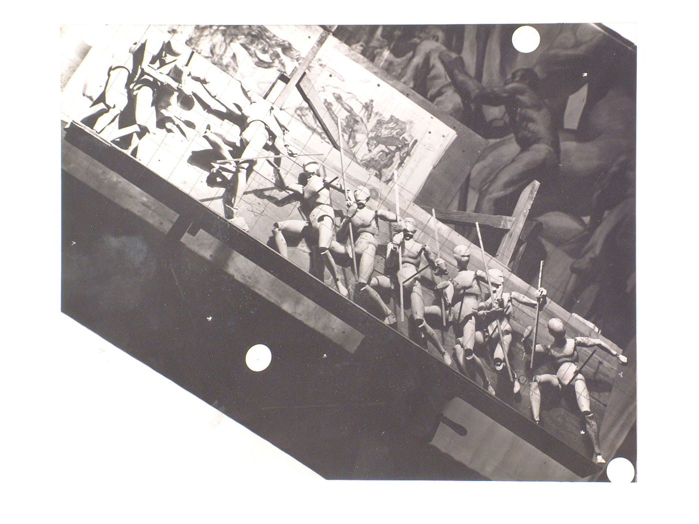 Artist's studio showing paintings and models of some of the sculptural decoration for Rockefeller Center on a platform, New York City, New York