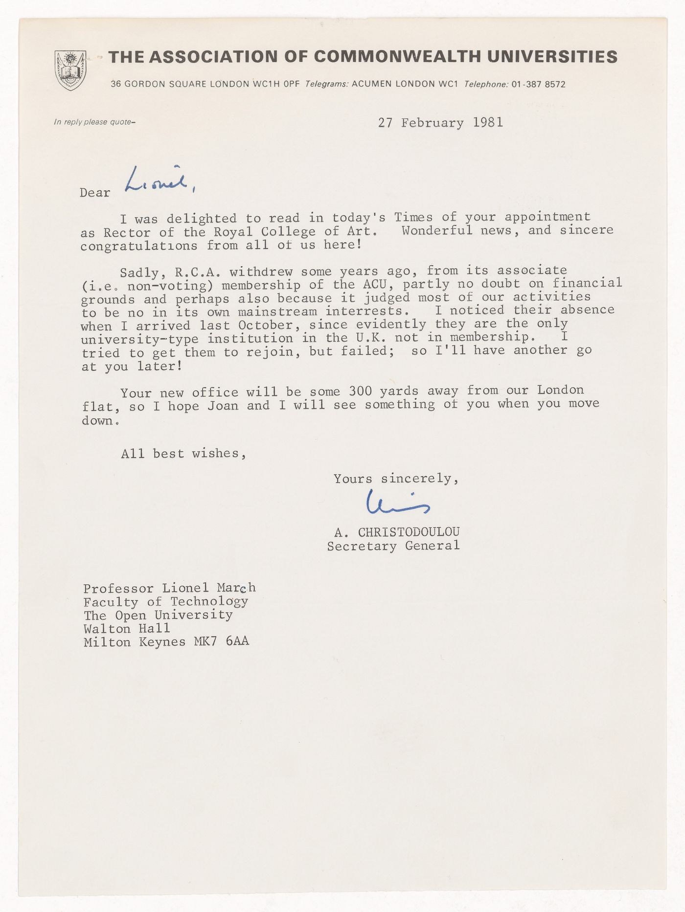 Letter of congratulations from Anastasios Christodoulou to Lionel March for his appointment as rector of the Royal College of Art in London