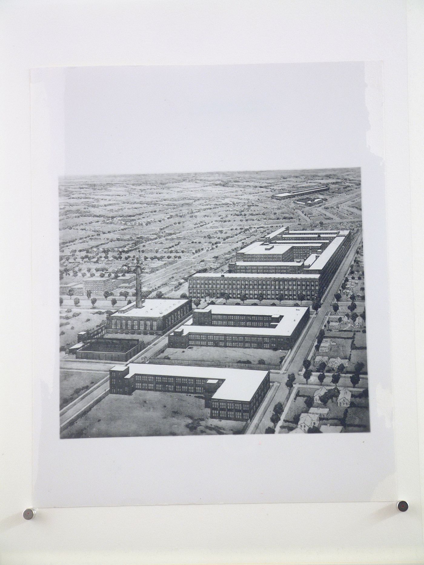 Photograph of a bird's-eye perspective drawing for the Packard Motor Car Company Assembly Plant (now abandoned), East Grand Boulevard, Detroit, Michigan