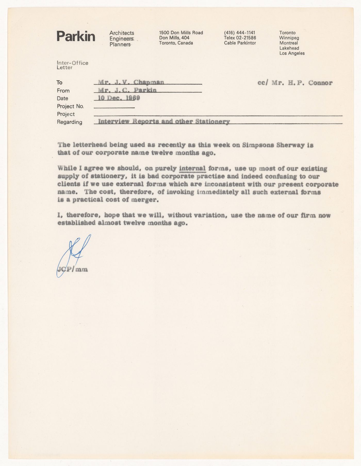 Internal memo from John C. Parkin to J.V. Chapman about office letterhead