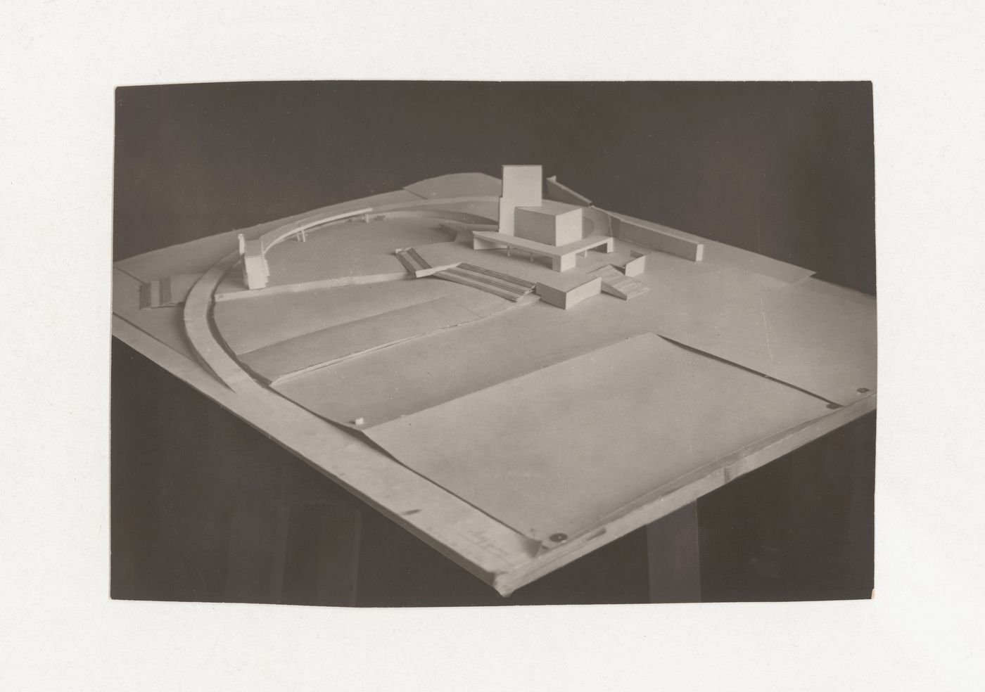 Photograph of a student model on the topic "Voluminous Composition. Major Public Building (View from a Highway) as a Voluminous Composition" for an unidentified course at the Vkhutein (Moscow Higher Technical Institute), Moscow