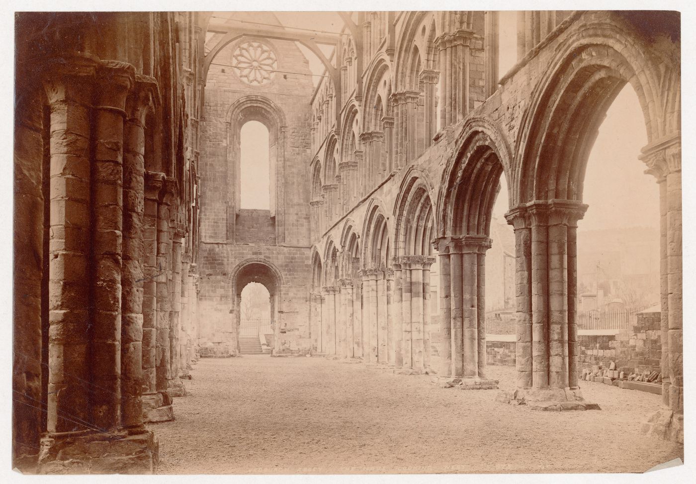Interior view looking down the nave of the ruins of Jedburgh Abbey, Jedburgh, Roxburghshire, Scotland