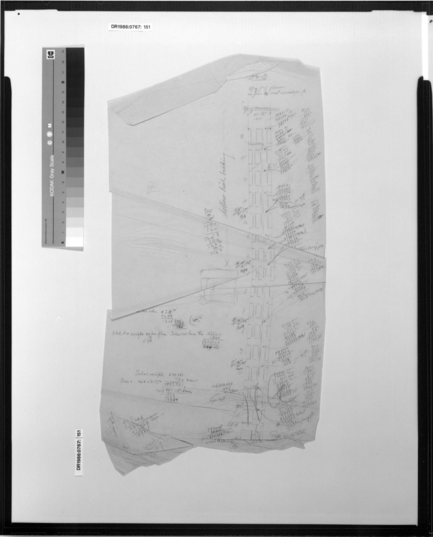 Monadnock Building, Chicago: Partial elevation with load calculations for piers B and E