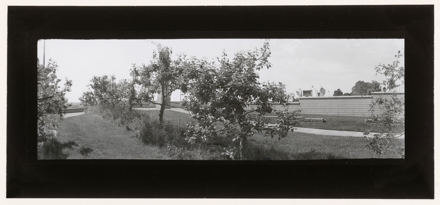 Panorama with the orchard in the foreground, CCA garden, Montréal, Québec, Canada