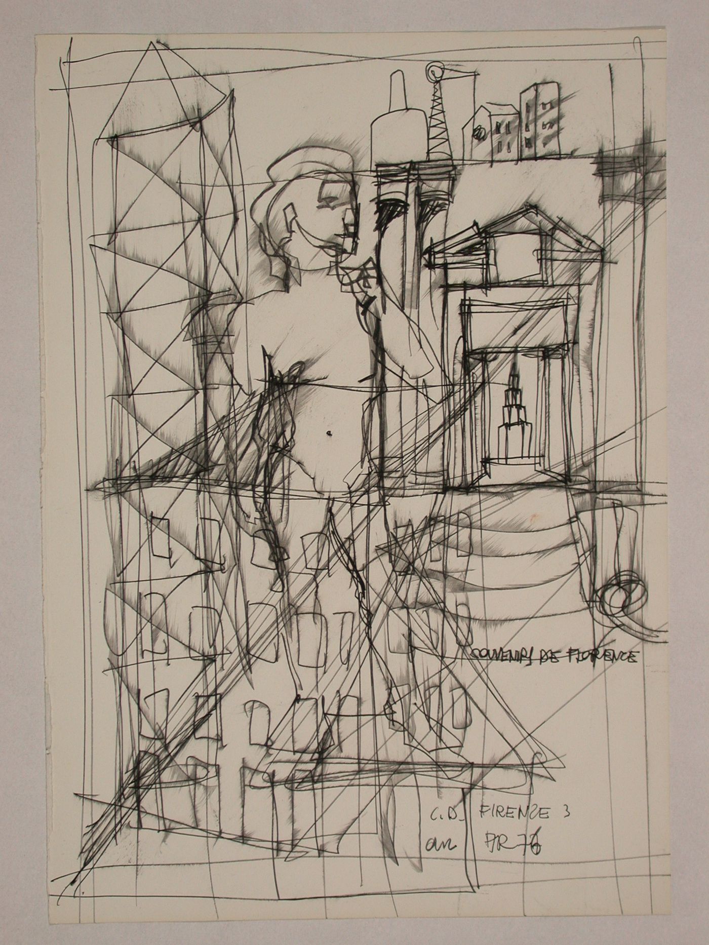 Sketch elevation with a sketch of a statue of David and perspective sketch for Centro Direzionale, Florence