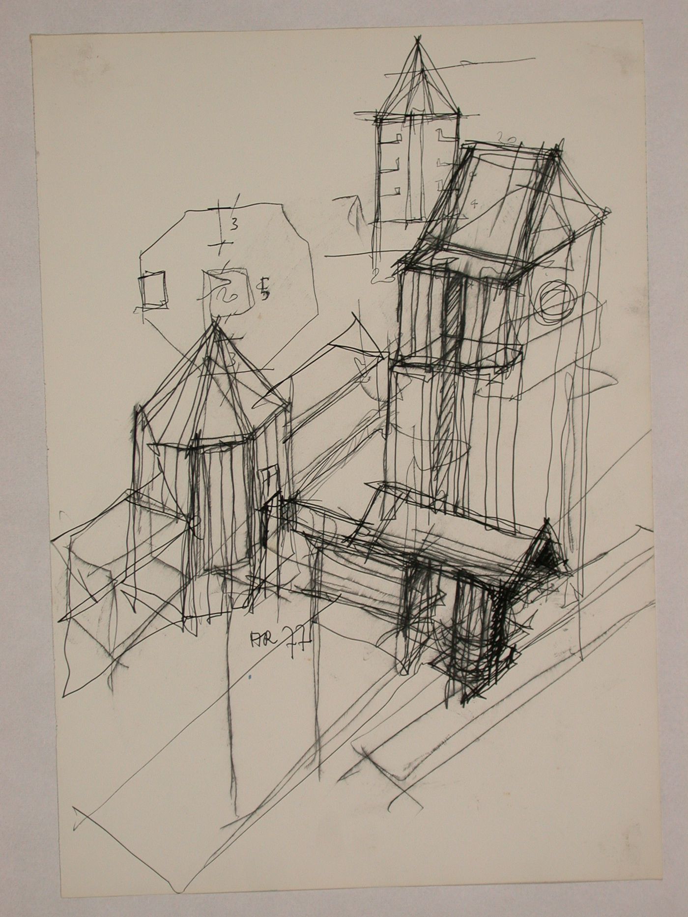 Perspective sketch, sketch cross section and sketch plan for Centro Direzionale, Florence