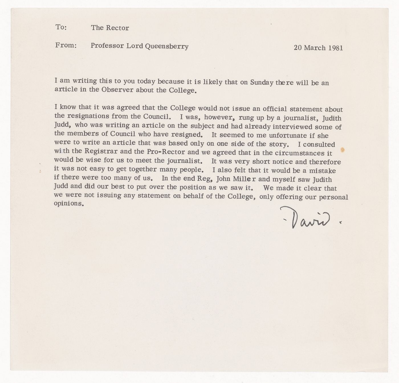 Correspondence from Professor Lord Queensberry to the Rector of Royal College of Art, London regarding Observer article